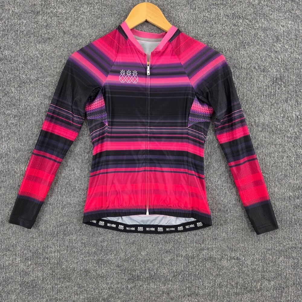 Tres Pinas Cycling Jersey Womens Medium Pink Stripe Long Sleeve Performance Bike